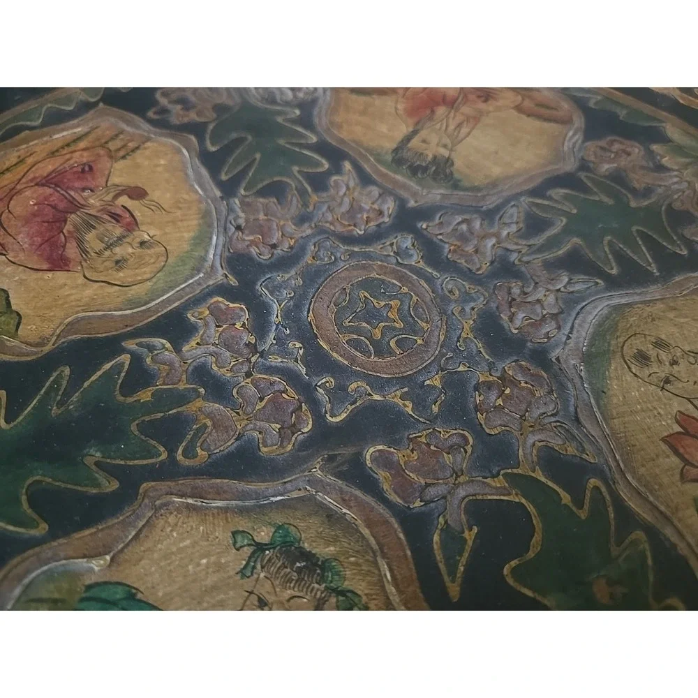 Antique Large Hexagonal Wooden Box Asian Hand Painted 6 Inside Compartments Rare